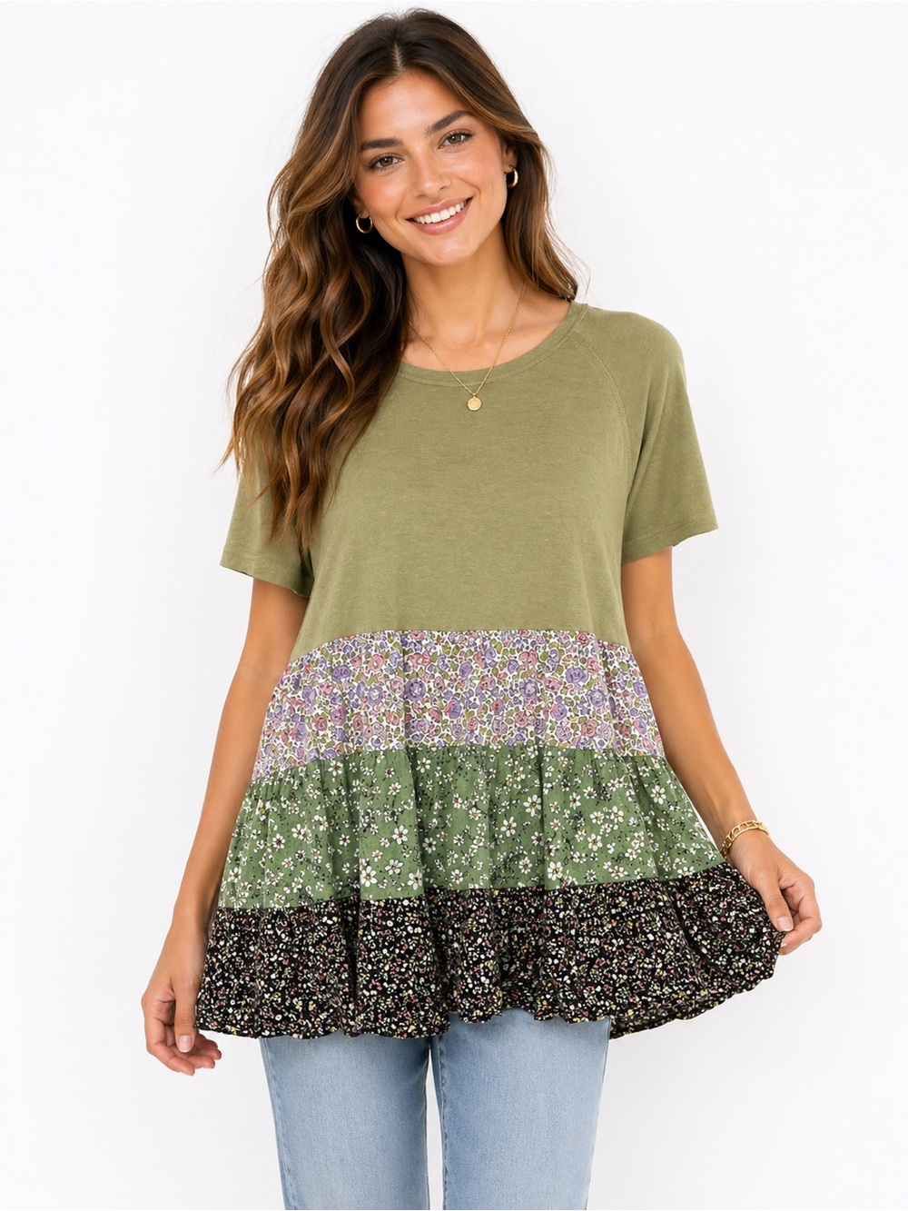 Easel Size Small Oversized Floral Patchwork Green‎ Boho Top